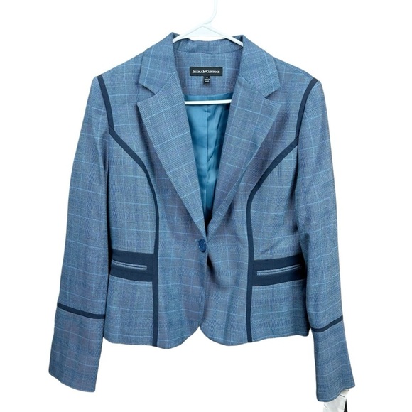 Jessica McClintock Vintage Blue Charcoal One Button Plaid Blazer Jacket #15003 - Picture 1 of 8